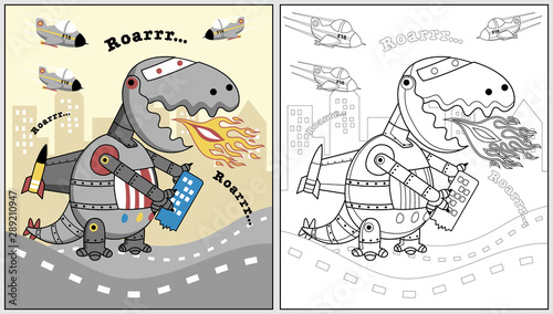 Dino robot attack city, vector cartoon illustration, coloring book or page