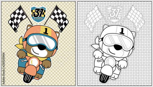 Animal motor racer cartoon vector, coloring book or page