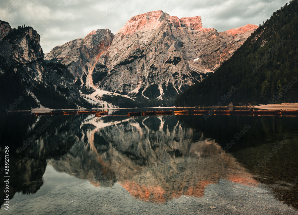 Fototapeta Lake Braies also known as Pragser Wildsee or Lago di Braies in Dolomites Mountains, Sudtirol, Italy.