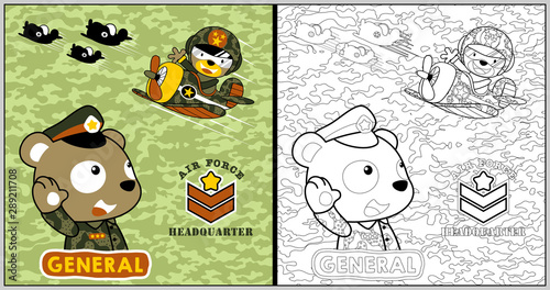 vector cartoon of funny troops with fighter jet on camouflage background, coloring book or page