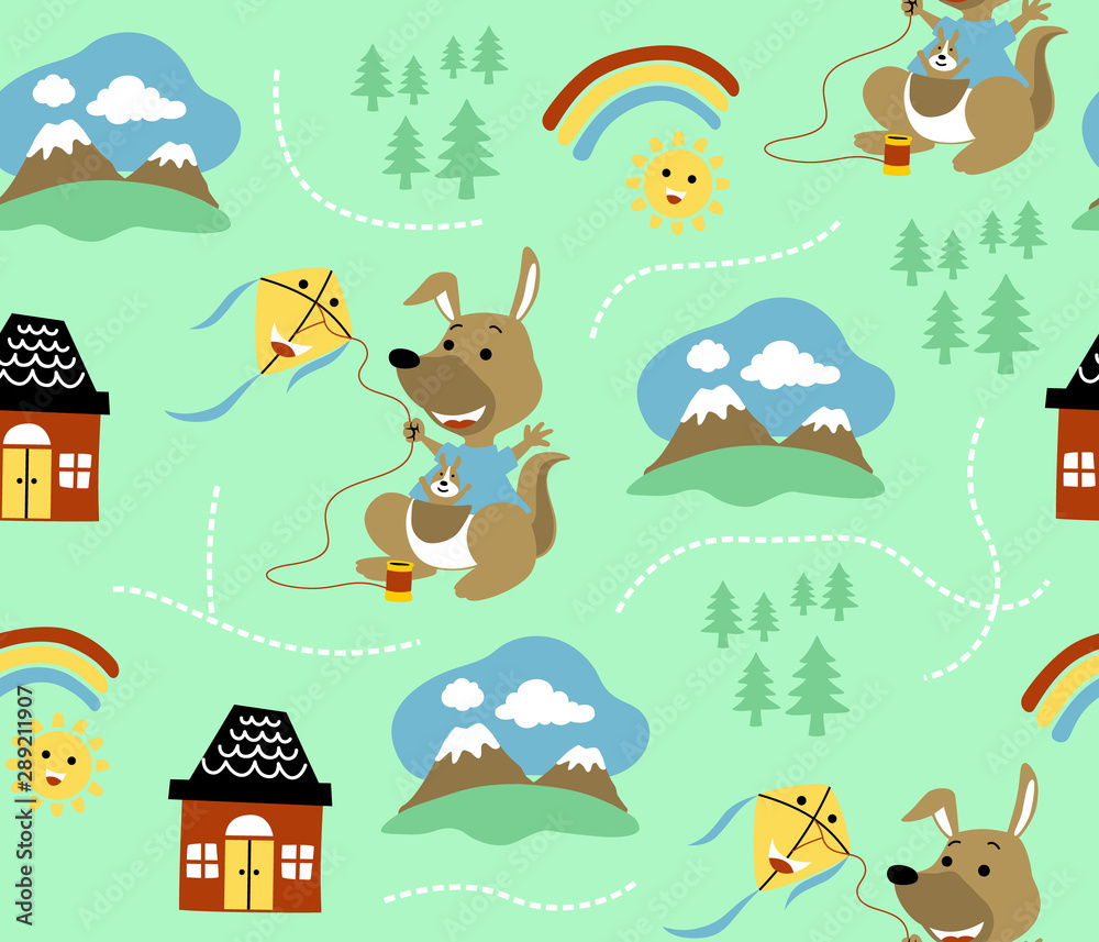 vector seamless pattern of kangaroo cartoon playing kite, mountain, home, sky objects vector seamless pattern of kangaroo cartoon playing kite, mountain, home, sky objects