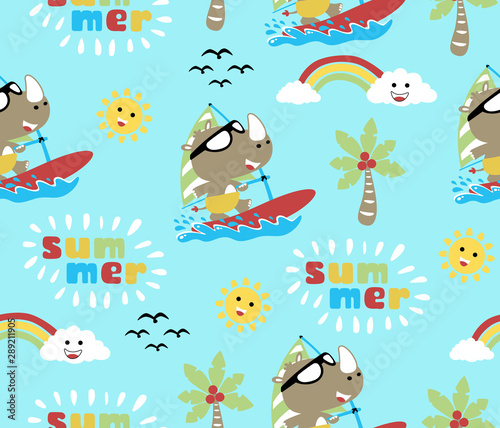 vector seamless pattern of rhino play windsurf at summer with smiling sun, cloud, rainbow, coconut tree