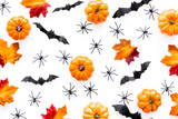 Halloween pattern with pumpkins, spiders and bats on white background top view