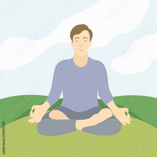 Vector illustration of man sitting on grass in lotus pose of yoga. Man practicing meditation, pranayama, technique mindfulness, breath control. Design template for banner, poster, card, advert, flyer.