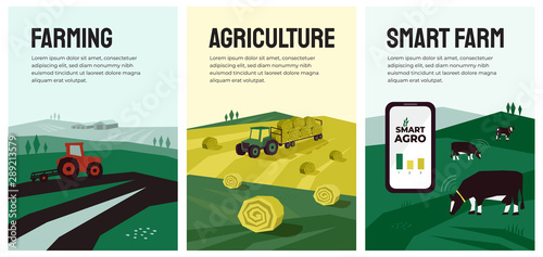 Vector illustrations with agriculture, farming, livestock, tractor, hayfield, haystack rolls, pasture.  Smart farm with data collection from cows using smartphone, sensors. Template for banner, poster