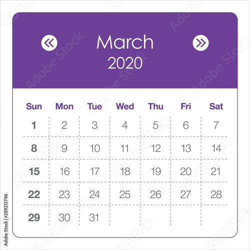 March 2020 monthly calendar vector illustration