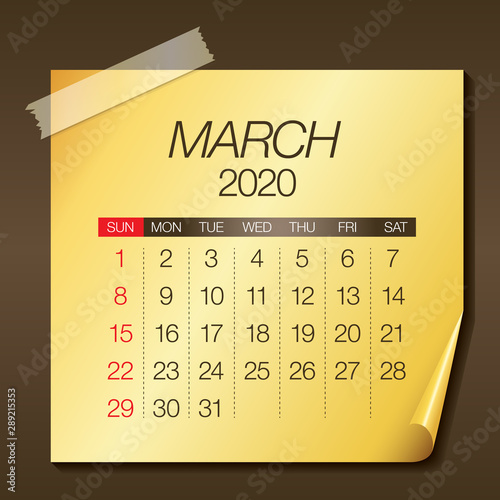 March 2020 monthly calendar vector illustration
