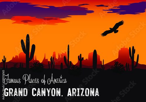 Vector drawing. Panama Grand Canyon. Evening sky with a soaring eagle. Arizona