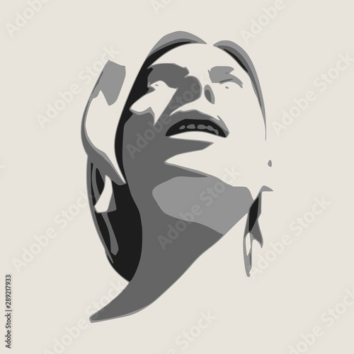 Face front view. Elegant silhouette of a female head. Surprised beautiful woman with open mouth.