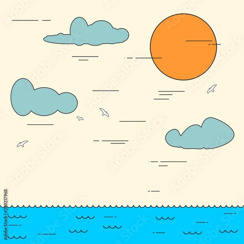 Outline style illustration of the ocean. Sun and clouds