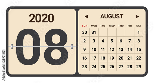 August 2020 monthly calendar vector illustration