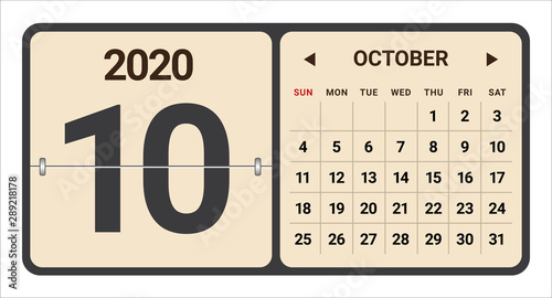 October 2020 monthly calendar vector illustration