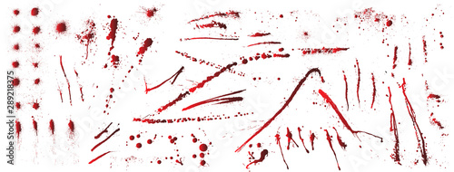 Set of various blood or paint splatters. Big vector set of different blood splashes, drops and trail. Isolated on white background. Vector collection various blood splatters