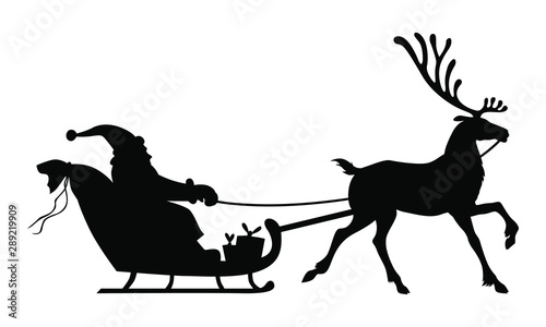 Vector illustrations of silhouette of Santa Claus riding on reindeer sleigh