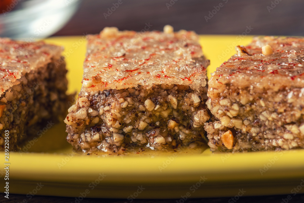 Pieces of Sheki halva on a plate Pieces of Sheki halva on a plate
