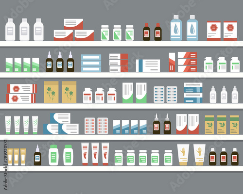 Shelves with medicines. Objects for a pharmacy interior. Vector illustration