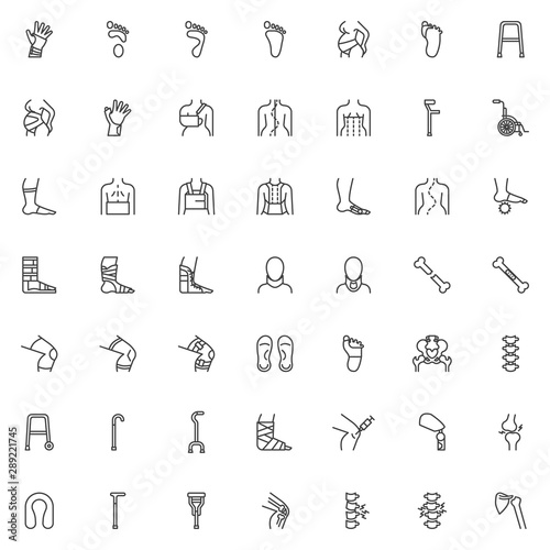 Orthopedic rehabilitation line icons set. linear style symbols collection outline signs pack. vector graphics. Set includes icons as orthopedic surgery, wrist brace, spine treatment posture correction photo