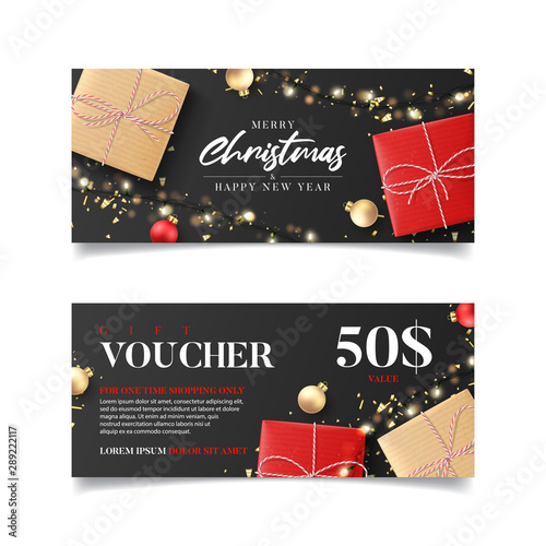 Gift voucher for New Year and Christmas sale. Vector illustration with realistic gift boxes, light garlands, Christmas balls and confetti. Design of discount coupon usable for invitations or tickets.