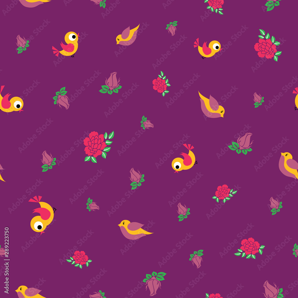 Vector small birds and roses seamless pattern