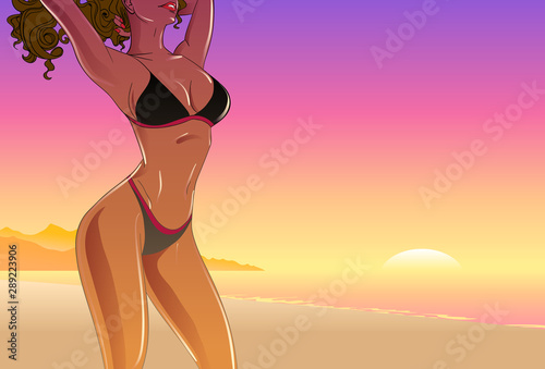 Summer poster with pretty brunette girl in cartoon style. Vector illustration.