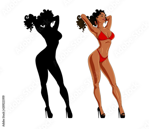 Summer poster with pretty brunette girl in cartoon style. Vector illustration.