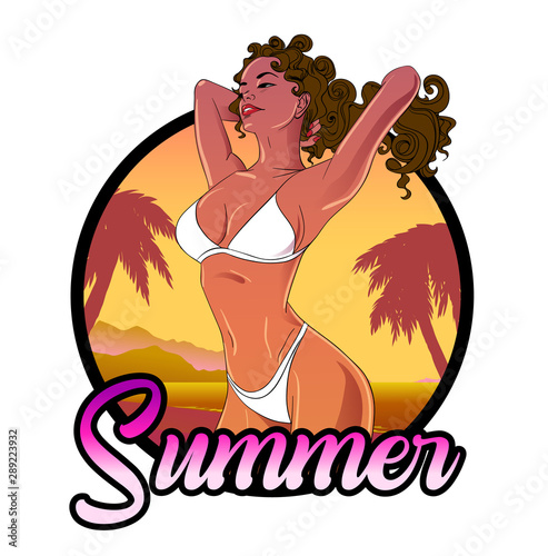Summer poster with pretty brunette girl in cartoon style. Vector illustration.