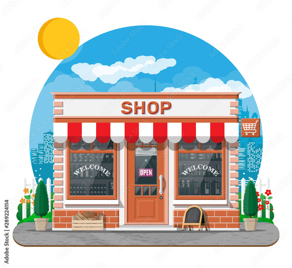Empty store front with window and door. Glass showcase, small european style shop exterior. Commercial, property, market or supermarket. City park, street lamp and trees. Flat vector illustration