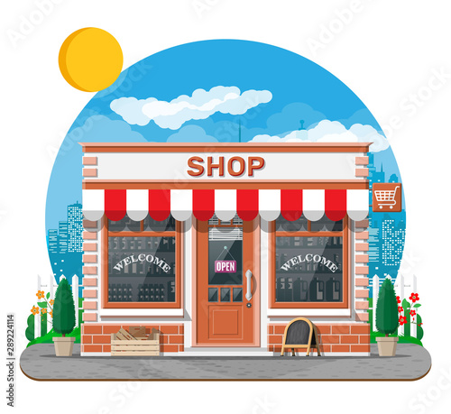 Fototapeta Naklejka Na Ścianę i Meble -  Empty store front with window and door. Glass showcase, small european style shop exterior. Commercial, property, market or supermarket. City park, street lamp and trees. Flat vector illustration