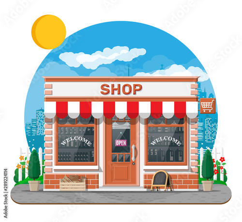 Empty store front with window and door. Glass showcase, small european style shop exterior. Commercial, property, market or supermarket. City park, street lamp and trees. Flat vector illustration