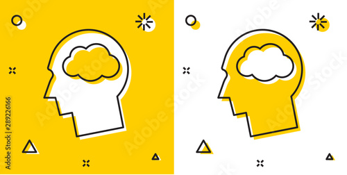 Black Head silhouette with cloud icon isolated on yellow and white background. Dreaming sign. Random dynamic shapes. Vector Illustration