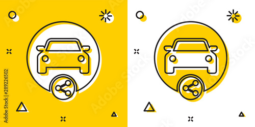 Black Car sharing icon isolated on yellow and white background. Carsharing sign. Transport renting service concept. Random dynamic shapes. Vector Illustration