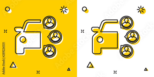 Black Car sharing with group of people icon isolated on yellow and white background. Carsharing sign. Transport renting service concept. Random dynamic shapes. Vector Illustration