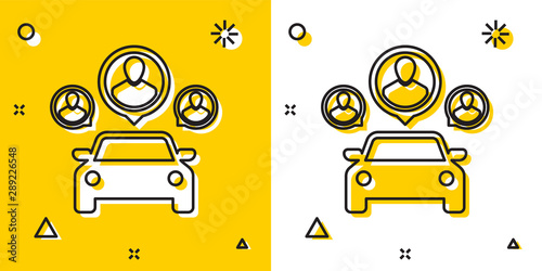 Black Car sharing with group of people icon isolated on yellow and white background. Carsharing sign. Transport renting service concept. Random dynamic shapes. Vector Illustration