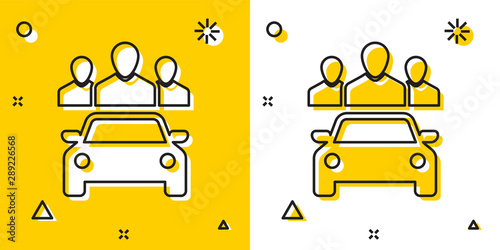 Black Car sharing with group of people icon isolated on yellow and white background. Carsharing sign. Transport renting service concept. Random dynamic shapes. Vector Illustration
