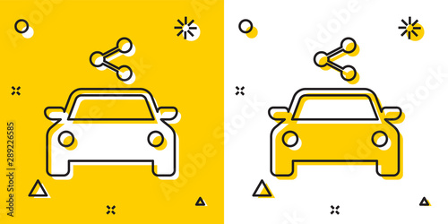 Black Car sharing icon isolated on yellow and white background. Carsharing sign. Transport renting service concept. Random dynamic shapes. Vector Illustration