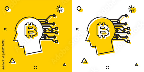 Black Bitcoin think icon on yellow and white background. Cryptocurrency head. Blockchain technology, bitcoin, digital money market, cryptocoin wallet. Random dynamic shapes. Vector Illustration