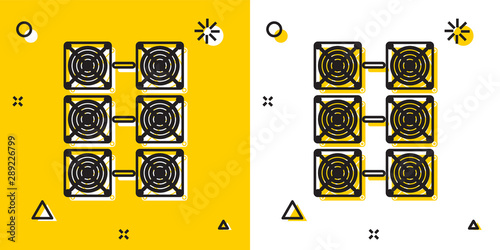 Black Mining farm icon on yellow and white background. Cryptocurrency mining, blockchain technology, bitcoin, digital money market, cryptocoin wallet. Random dynamic shapes. Vector Illustration