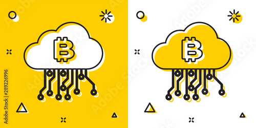 Black Cryptocurrency cloud mining icon isolated on yellow and white background. Blockchain technology, bitcoin, digital money market, cryptocoin wallet. Random dynamic shapes. Vector Illustration