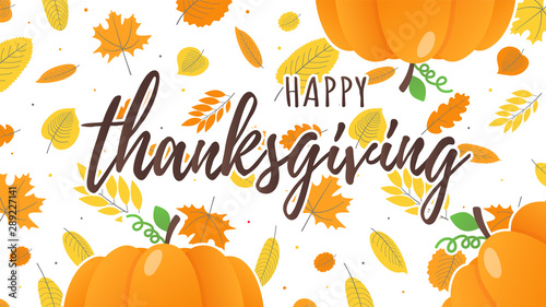 Happy thanksgiving day flat style design poster vector illustration with big pumpkins and autumn leaves. Celebrate holidays