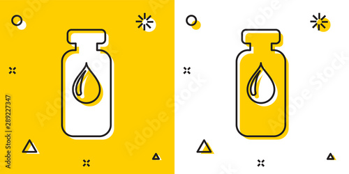 Black Medical vial, ampoule, bottle icon isolated on yellow and white background. Vaccination, injection, vaccine healthcare concept. Random dynamic shapes. Vector Illustration