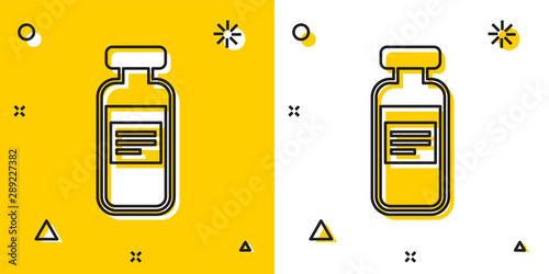 Black Medical vial, ampoule, bottle icon isolated on yellow and white background. Vaccination, injection, vaccine healthcare concept. Random dynamic shapes. Vector Illustration