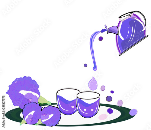 butterfly pea tea , hot tea, in a kettle and glass tea set, kitchenware and breakfast - afternoon, drink healthy herbs and Asian plants, ingredients for Thai food, vector illustration