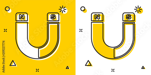 Black Magnet icon isolated on yellow and white background. Horseshoe magnet, magnetism, magnetize, attraction sign. Random dynamic shapes. Vector Illustration