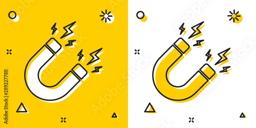 Black Magnet with lightning icon isolated on yellow and white background. Horseshoe magnet, magnetism, magnetize, attraction sign. Random dynamic shapes. Vector Illustration