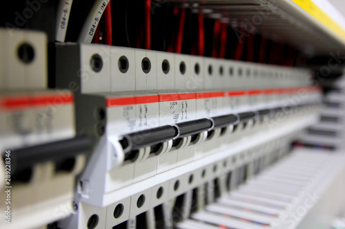 Circuit breaker in electric room . Electrical background,Selective focus.