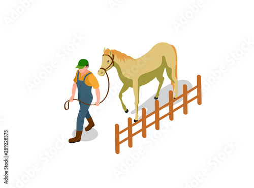Set of elements in the style of isometry on the theme of work in the stable.