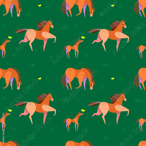 Seamless pattern with cartoon style horses.