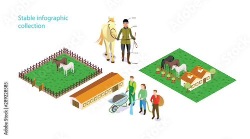 Set of elements in the style of isometry on the theme of work in the stable.