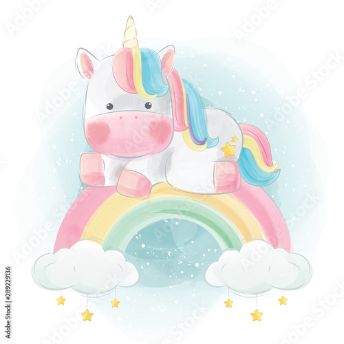 Photo Cute Unicorn on the Rainbow