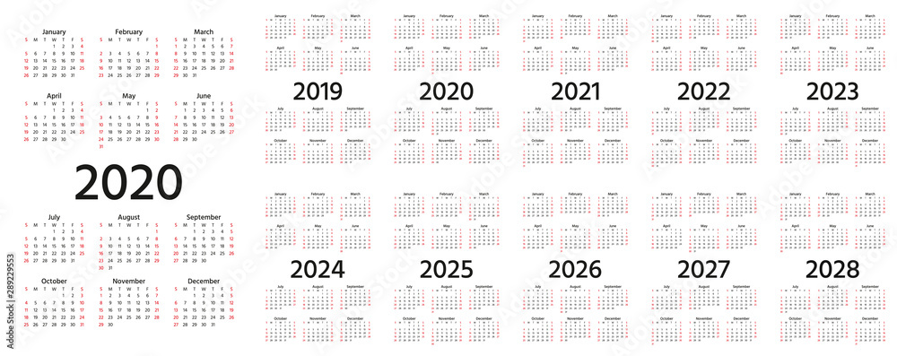 Calendar 2020 2019 2021 2022 2023 2024 2025 2026 2027 2028